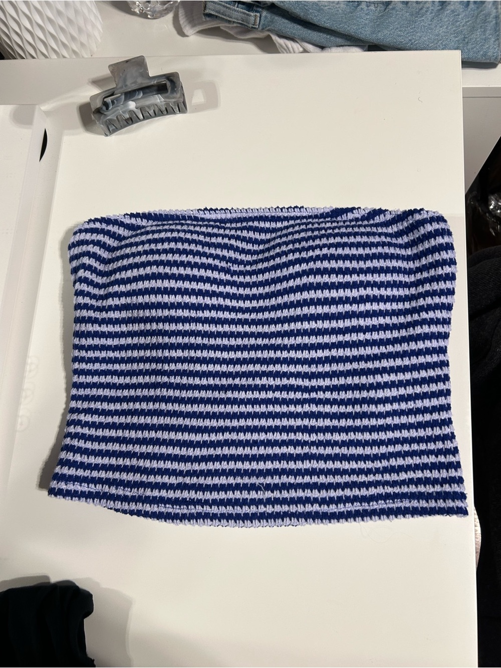 SHEIN Blue and White Striped Knit Mini Tube Skirt